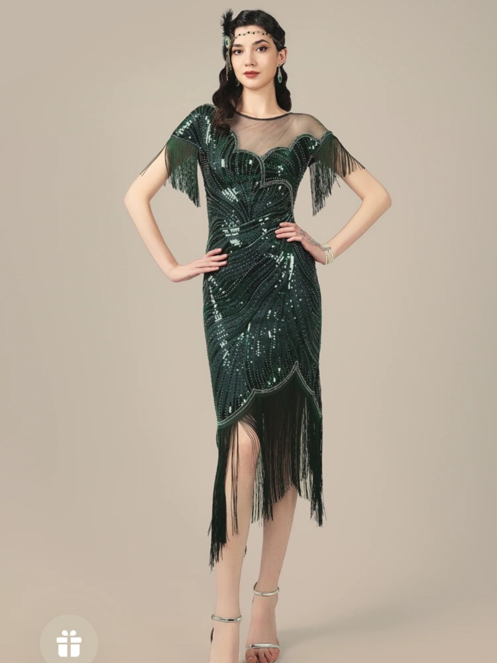Emerald Green Sequin Fringe Midi Dress with Sheer Yoke